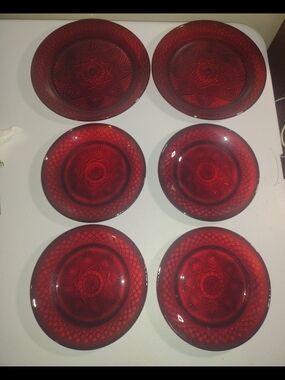 Vintage Ruby Red Pressed Glass Dinner & Salad Plate Set Of 6 - 10" 8"